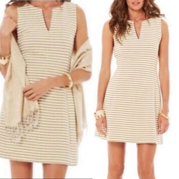 Lilly Pulitzer Dresses & Skirts - LILLY Pulitzer Gold White Stripe V Neck A Line Dress